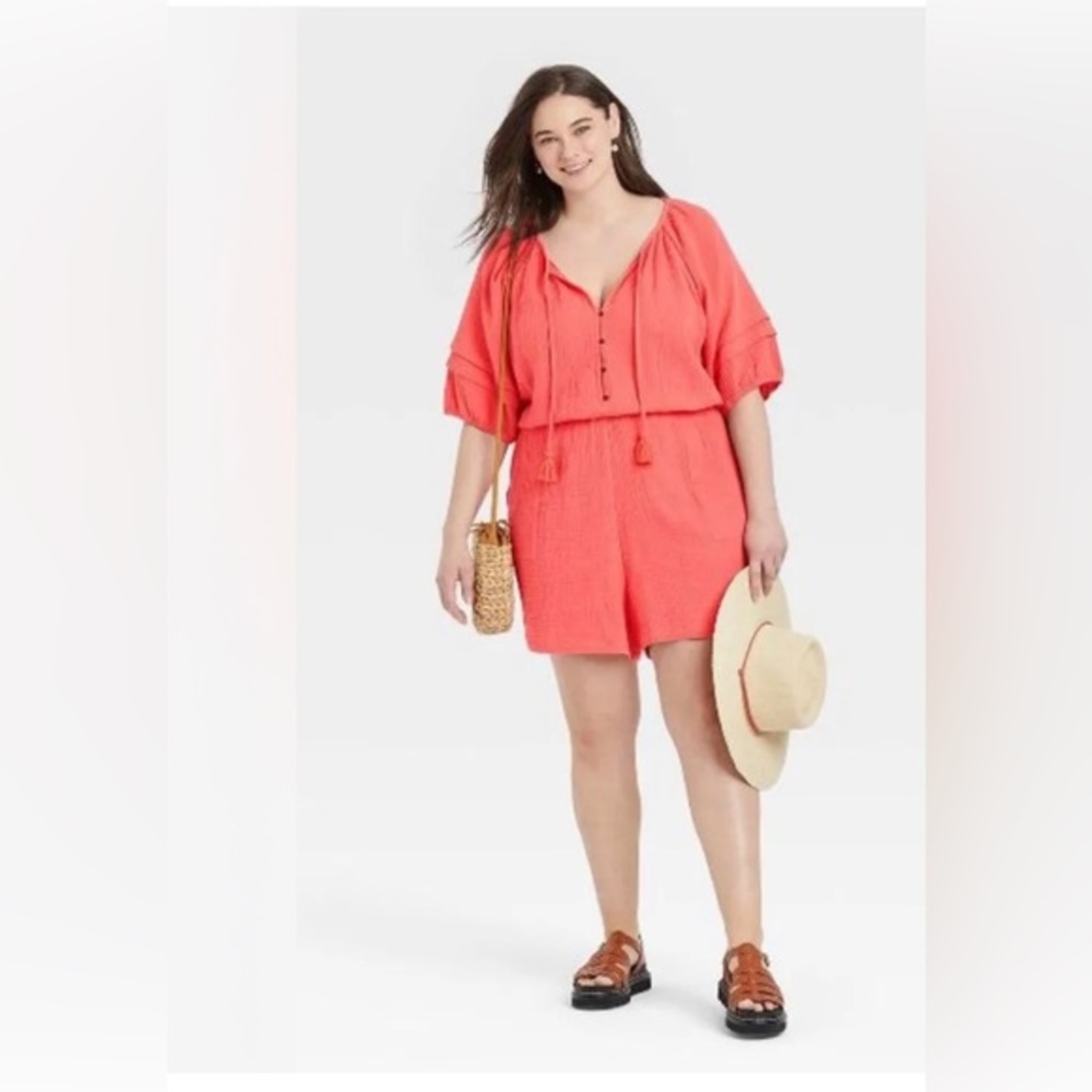 NWT Knox Rose Women's Romper  XXL Shorts Half‎ Sleeve Button-Front Orange Gauze